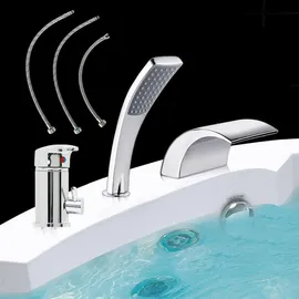 MuCoLa 3 Loch Set Badewannenarmatur Wannenrand Hahn Chrom Armatur Wasserfall Handbrause