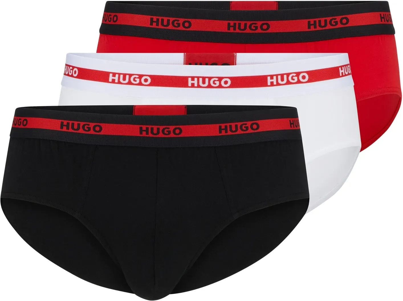 Slip HUGO UNDERWEAR, Herren, Gr. XL (54), 3 Stk., rot (hellrot, weiß, schwarz), Jersey, Obermaterial: 95% Baumwolle, 5% Elasthan, kontrastfarbene Details, unifarben, eng, Unterhosen Slip, mit Kontraststreifen und Logoschriftzügen auf dem Bund