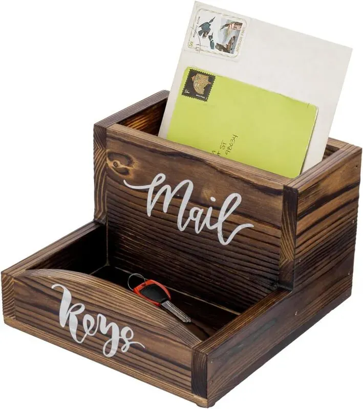 MyGift Rustikaler Briefhalter und Schlüssel-Organizer aus massivem Holz, Ablagefach für den Eingangsbereich oder Schreibtisch-Organizer mit weißen Schriftzug-Etiketten
