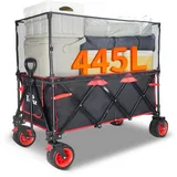 TMZ XXXL Bollerwagen Faltbar 445L 120KG Belastbar, Faltbarer Bollerwagen mit Dach und Bremsen 18x10 cm Extra Breite Reifen Alle Gelände (Schwarz/Rot)