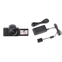 Sony Alpha ZV-E10L | APS-C spiegellose Wechselobjektiv-Vlog-Kamera (schwenkbarer Bildschirm für Vlogging), Schwarz & AC-PW20 AC-Netzteiladapter mit Akkuanschluss für die NEX- und SLT-Serie