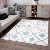 Carpet City Teppich Shaggy Hochflor - Ethno-Stil 140x200 cm Blau Creme - Moderne Wohnzimmer-Teppiche