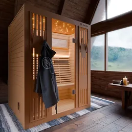 Dewello MINTO 150x130 Kabine aus Hemlock für 3 Personen mit 4,5 kW Ofen