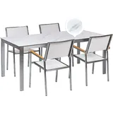 Beliani Gartentisch - Balkontisch, COSOLETO/GROSSETO (180 cm 4-Sitzer Textil Weiß Marmor Optik Edelstahl 4 Stühle Polyester Tisch 180x90cm Sicherheitsglas Keramik Gartenausstattung Outdoor Indoor