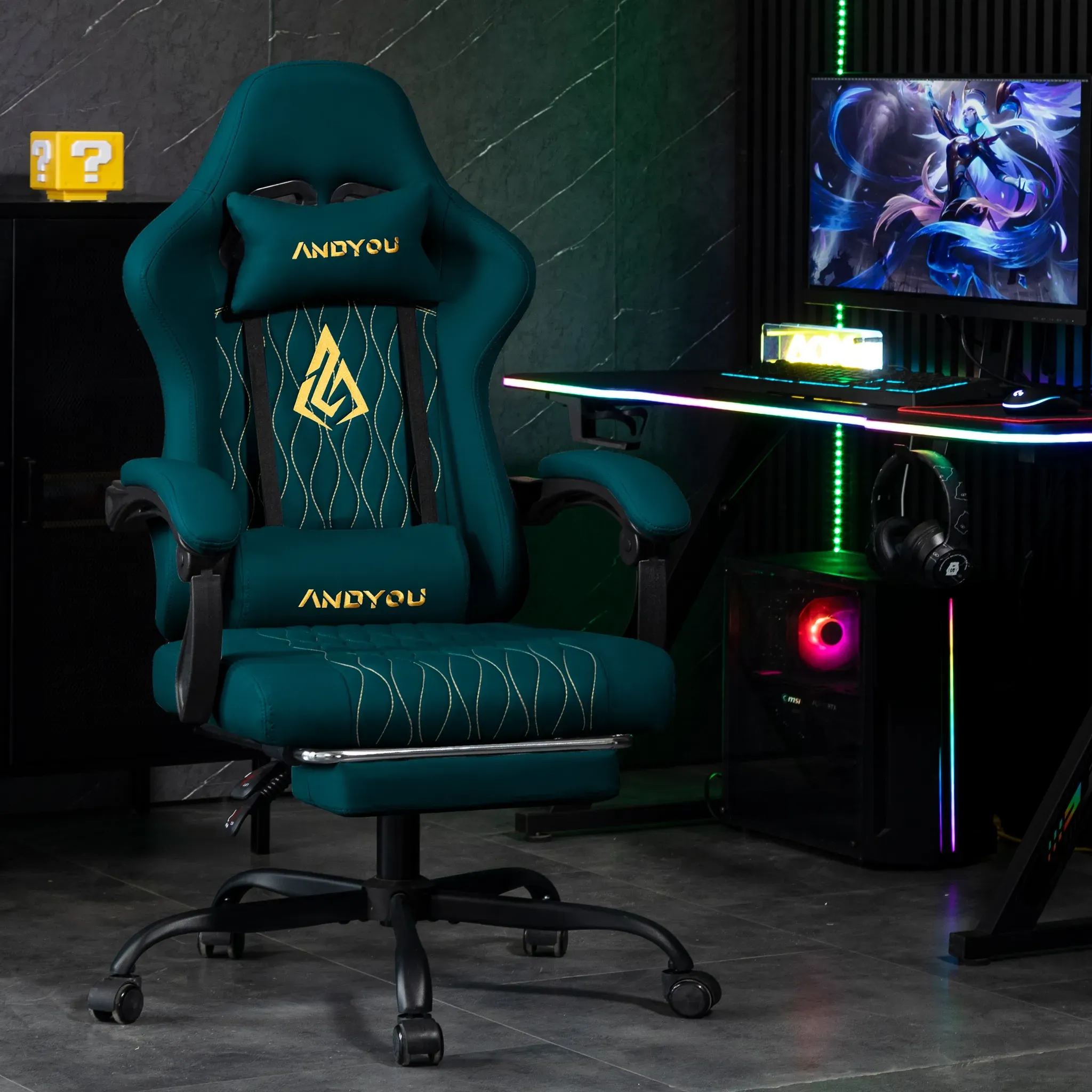 ANDYOU Series Gaming Chair with Footrest – Ergonomic PU Leather Computer Chair, NAVY