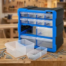 HMF Sortimentskasten Kunststoff 26,5 x 26,5 x 16 cm Blau/Schwarz mit 12 Schubladen