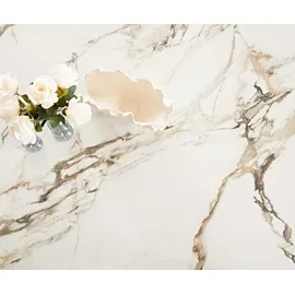 DeLife Esstisch Edge 200x100 Keramik Calacatta Luxe Weiß-Gold-Grau Kreuzgestell Rechteck Schwarz, Esstische