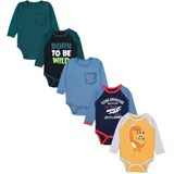 TupTam Jungen Baby Body Langarm Unifarben 5er Pack, Farbe: Flugzeug Dunkelblau WILD Schwarz Dino Senfgelb Jeansblau Petrolgrün, Größe: 104 - 104