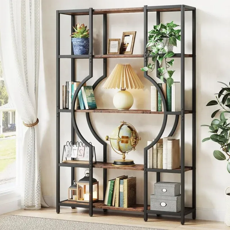 Tribesigns 5-stöckiges Bücherregal, hohes Vintage-Bücherregal mit 12 offenen Ablagefächern, Holz-Bücherregal mit Metallrahmen für Büro, Wohnzimmer, Schlafzimmer (Braun)