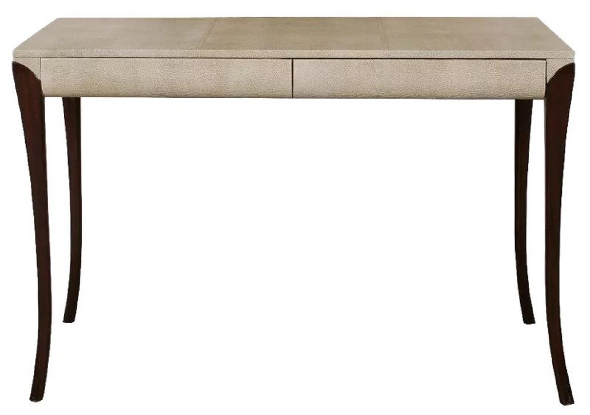 Casa Padrino Luxus Art Deco Schreibtisch mit 2 Schubladen Creme / Dunkelbraun 119 x 66 x H. 77 cm - Massivholz Bürotisch mit geprägtem Leder - Büro Möbel - Art Deco Möbel - Luxus Möbel