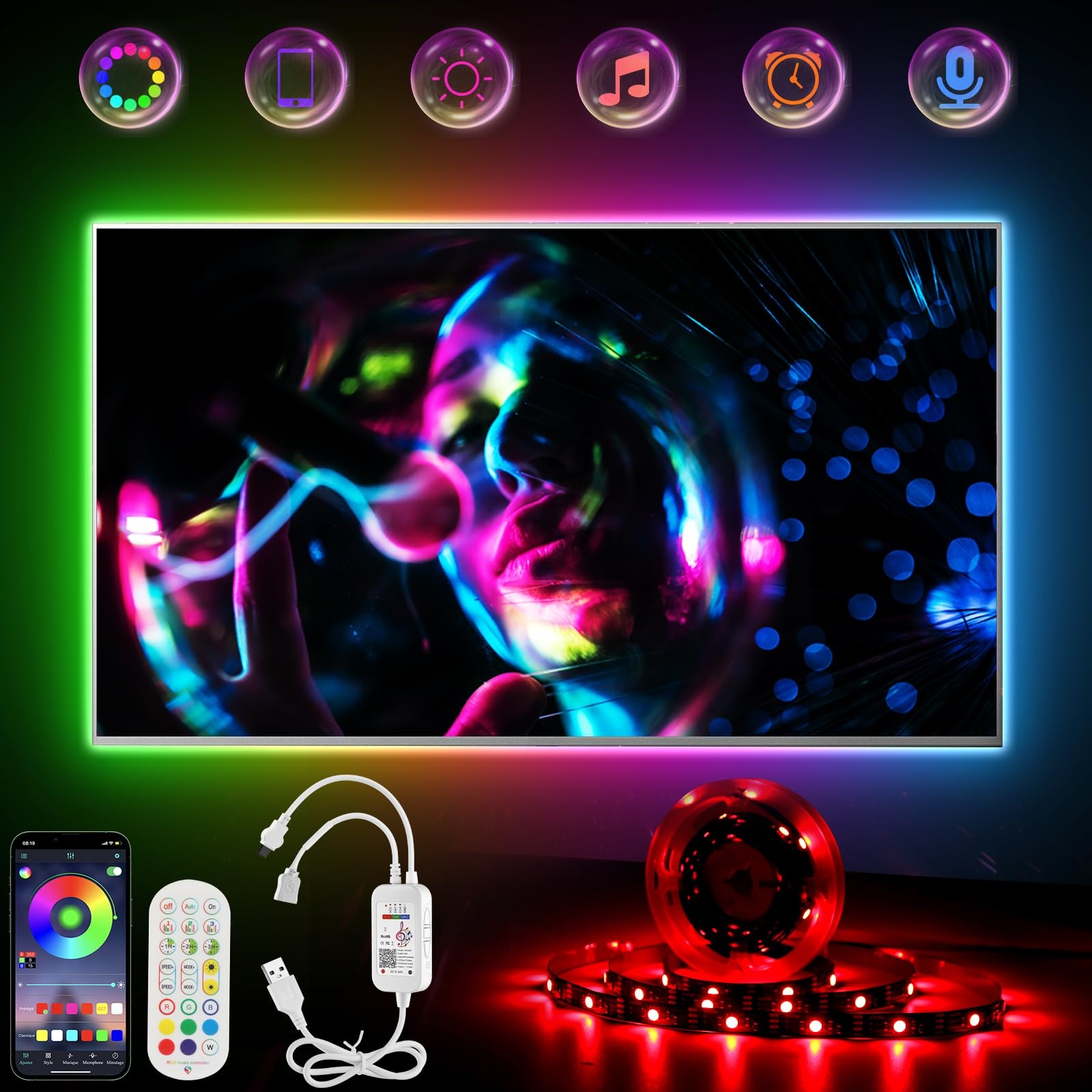 LED TV Hintergrundbeleuchtung 4m, RGB LED Strip for 45-75 zoll TVs Smart LED Fernseher Hintergrundbeleuchtung mit APP und Fernbedienung, Musik Sync