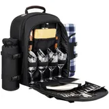 Sunflora Picknickrucksack für 4 Personen mit Decke Picknickkorb-Set für 2 mit isoliertem Kühler Weintasche für Familienpaare (Schwarz)