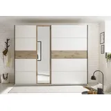 Kleiderschrank SCHLAFKONTOR "Leo Schwebetürenschrank, Schiebetürenschrank mit Spiegel", weiß (weiß, viking oak hell), B:270,1cm H:225,5cm T:59,6cm, Melamin, Schränke, Kleiderschrank, Absetzung in Viking Oak heller Rillenoptik und Spiegel