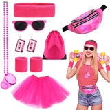 UMILKI 80er Jahre Outfit Damen,10Pcs 1980s Kostüm Zubehör mit Kordelzugbeutel,80er Jahre Accessoires,Bauchtasche,Tutu Rock,Stirnband,Armband,Ohrringe,Brille für 80s Damen kostüm