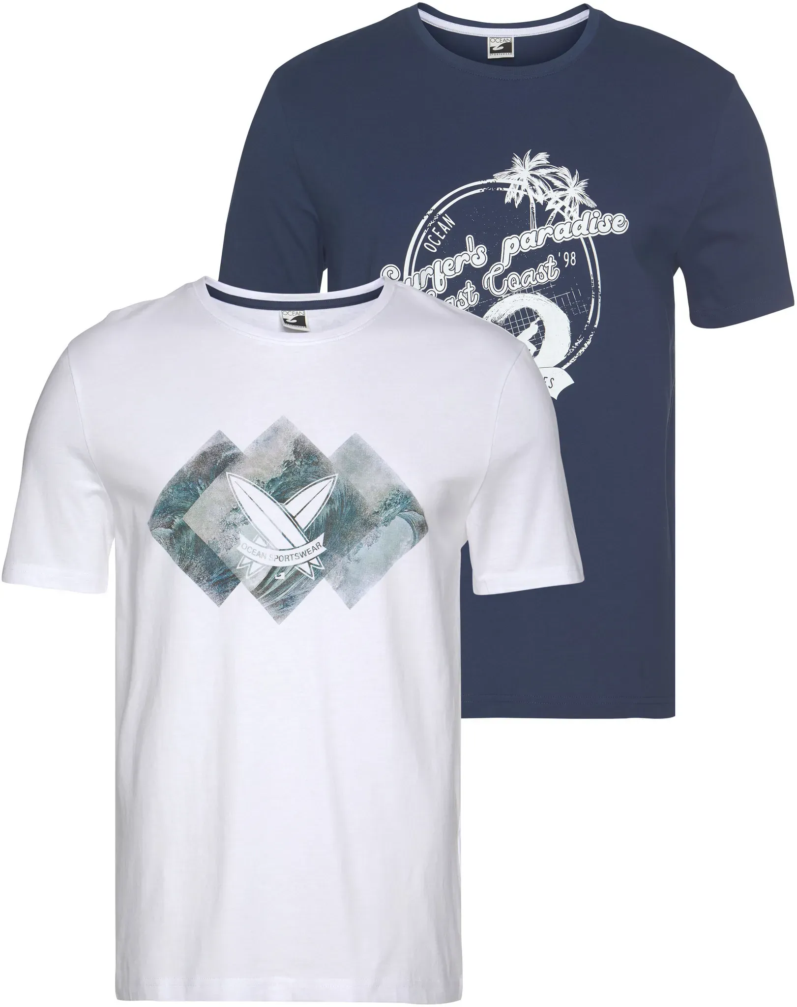 T-Shirt OCEAN SPORTSWEAR, Herren, Gr. XL (56/58), weiß (weiß, blau), Single Jersey, Obermaterial: 100% Baumwolle, bedruckt, unifarben, Basic schmal, Rundhals, Shirts T-Shirt, kurzärmelig, schmal geschnitten, mit Print, Rundhalsausschnitt