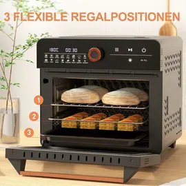 Homcom Minibackofen mit Umluft 20L 3 in 1 Mini Ofen mit Grillrost, Backblech und Krümelblech, 40 °C-220 °C Heißluftfritteuse mit Frittierkorb, Timer, Innenbeleuchtung, 1400W, Edelstahl