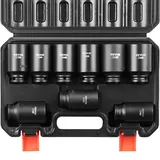 Vevor 1/2 Zoll Steckschlüsselsatz CR-V-legierter Stahl 9-tlg Steckschlüssel Satz 29-38 mm Tiefe Stecknüsse Schlagschrauber, HRC 42-48 Steckschlüssel inkl Werkzeugkoffer, Metrisch Schraubenausdreher