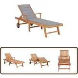 Sonnenliege mit Auflage Grau Massivholz Teak - Holz Sonnenschirm - Gartenliege - Liegesessel - Lounge Chair - Teakholzmöbel