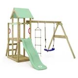 Wickey Spielturm Klettergerüst TinyPlace mit Schaukel & Rutsche, Kletterturm mit Sandkasten, Leiter & Spiel-Zubehör – Pastellgrün