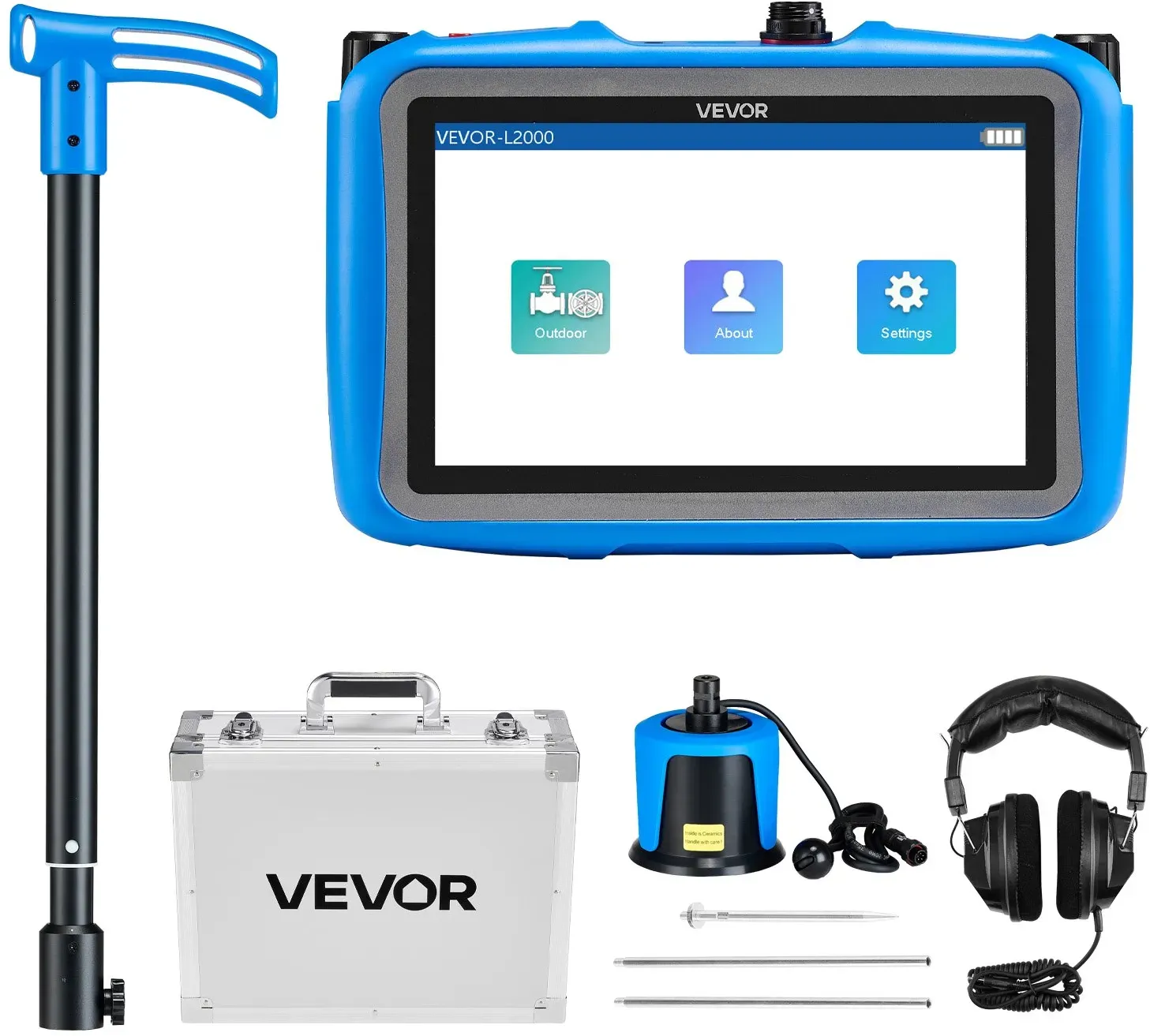 VEVOR Rohr-Wasserleckdetektor, 1 Hz – 10.000 Hz, 7-Zoll-Touchscreen, Wasserlecksuchgerät für 5 m lange unterirdische Rohrleitungen mit mittlerem Sensor, 3 Abhörstäben, Kopfhörer & Tasche