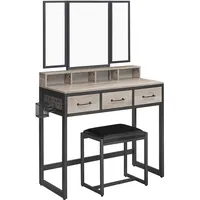 VASAGLE Schminktisch mit gepolstertem Hocker, Frisiertisch mit dreifachem Spiegel, 3 Schubladen, Haartrocknerhalter, Kosmetiktisch, moderner Stil, greige-schwarz RVT004B02