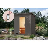 Karibu Saunahaus Außensauna Gartensauna Hytti 1 + 9kw Ofen und HUUM WIFI Steuergerät Sparset 196 x 146 cm Farbe: Terragrau