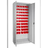 PROREGAL Flügeltürenschrank Owl mit Schlitzplatte + 50 Sichtlagerkästen| HxBxT 193x78x38cm | Lichtgrau