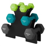 SONGMICS Kurzhantel Set, Hexagon, mit Hantelständer, 2 x 1 kg, 2 x 2 kg, 2 x 3 kg, mattes Finish, Neopren-Beschichtung, Krafttraining, zu Hause, limettengrün, aquamarin und dunkelgrau SYL612G02