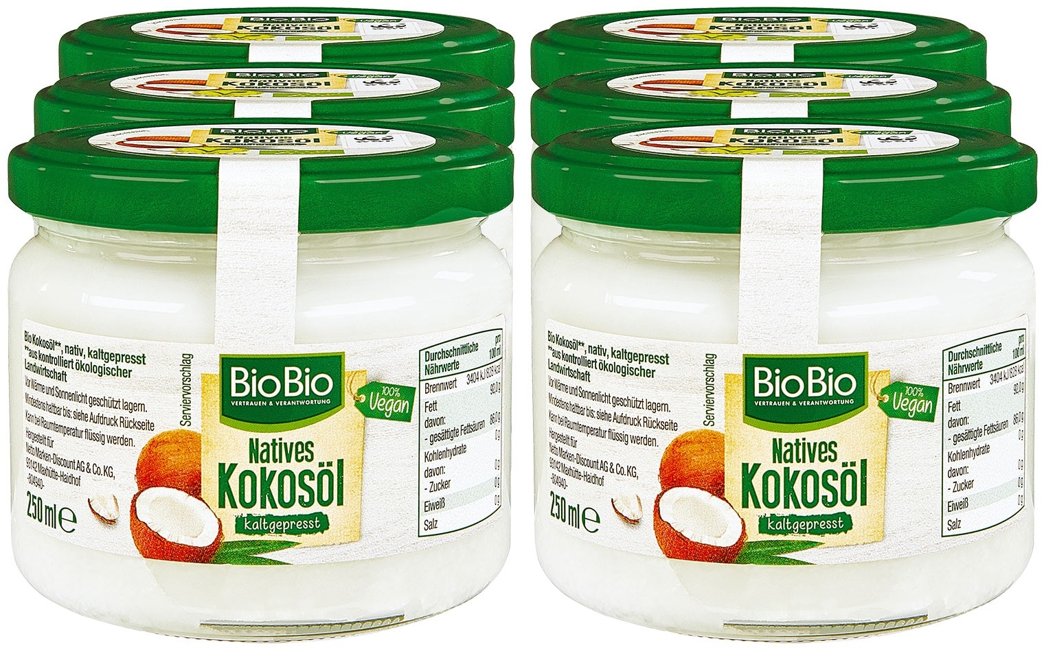 BioBio Kokosöl 250 ml, 6er Pack