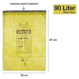 BigDean 20 Rollen Gelber Sack, Gelbe Säcke 90 Liter HDPE Gelb 13 Stück pro Rolle, insgesamt 260 Stück - ca. 60x87 cm plus 5 cm Umschlag 15my - Gelb/Schwarz