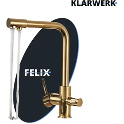 Felix | 3 Wege Premium Gold glänzend Trinkwasser Armatur | Edelstahl Osmose Wasserhahn Küche |Mischbatterie - 360 Grad | Filter 3 Anschlüsse