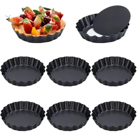 MoonSing Tarteform mit Hebeboden, 8 Stück Quicheform Klein Tartelette Förmchen Abnehmbare Basis, Antihaftbeschichtung 10 cm Rund Pie Form, Obstkuchenform Tarte Backform Wellenrand