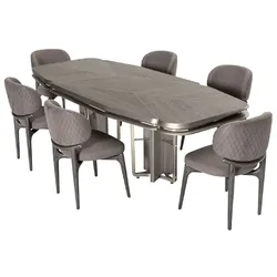 Casa Padrino Luxus Esszimmer Set Grau / Silber - 1 Luxus Esstisch & 6 Luxus Esszimmerstühle - Esszimmer Möbel - Luxus Möbel - Luxus Einrichtung