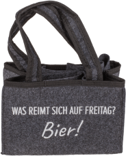 Flaschentasche aus Filz mit 6 Fächern "Was reimt sich auf Freitag? Bier!"