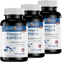 NORSAN Premium Total Omega 3 Kapseln hochdosiert 3er Pack (3x 120 Stück) / 1.500mg Omega 3 pro Portion/Omega 3 Kapseln mit 707mg EPA & 368mg DHA/Fischöl Kapseln aus nachhaltigem Anbau