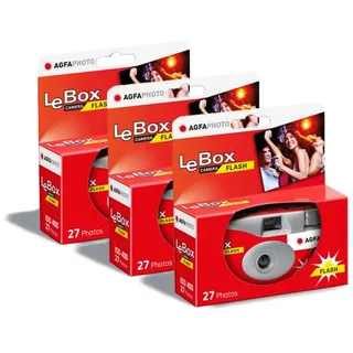 AgfaPhoto AGFA Photo 601020 LeBox Flash, Einwegkamera, 27 Fotos, optisches Objektiv 31 mm, Grau und Rot, 3er
