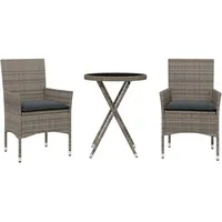 vidaXL 3-tlg. Bistro-Set mit Kissen Grau Poly Rattan und Glas