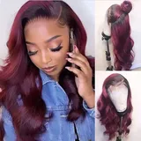 Red Ombre Brazilian Remy Human Hair Perücke - 4x4 Lace Closure, 1B99j Two Tone Black to Burgundy Body Wave, 20 Inch