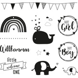 Rayher Clear Stamps Willkommen Baby, Bogen 97 x 102,5 cmm, 12 Motive, klar, transparente Stempel, durchsichtig, Silikonstempel, 50257000