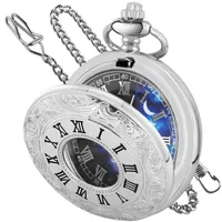 Tiong Taschenuhr, hohl, blauer Stern, römische Ziffern, Taschenquarzuhr mit Kette, Weihnachten, Geburtstag, Geschenke für Männer und Frauen, CF2007-Silber, Retro