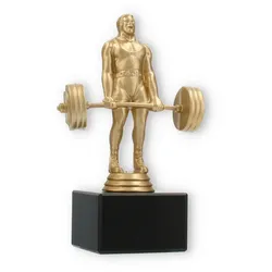 Pokal Kunststofffigur Kraftdreikampf Kreuzheben goldmetallic auf schwarzem Marmorsockel 17,0cm