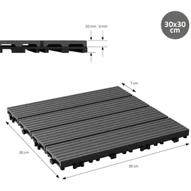 ECD Germany WPC Terrassenfliesen 30x30 cm 44er Spar Set Anthrazit geriffelt, Holzoptik, Bodenbelag mit Drainage, Terrassendielen Balkonfliesen, Klickfliesen für Terrasse Garten Balkon