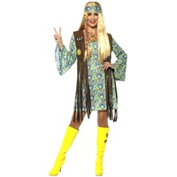 shoperama 60s Hippie Chick Damen-Kostüm Kleid Fransen-Weste Stirnband Kette 70er Jahre Seventies Sixties Flower Power Festival, Größe:L