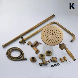 klarwerk JANA | Vintage Regendusche Set Messing unlackiert Edelstahl | Retro Design Duscharmatur Duschsystem | Mischbatterie Dusche komplett mit Handbrause