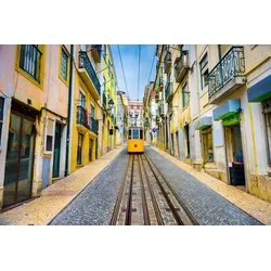Fototapete PAPERMOON "LISSABON-GASSE-PORTUGAL ALT BAHN ATLANTIK STADT STRAßEN", bunt, B:4,00m L:2,60m, Vlies, Tapeten