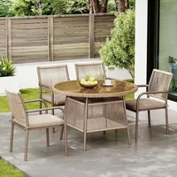 Flieks Rattan Gartenlounge-Set 5-tlg. für 4 Personen, 4 Essstühlen mit Rundem Glastisch, Gartenloungeset Sitzgruppe mit Eisengestell, Braun - Braun