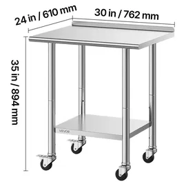 Vevor Edelstahltisch Gastro 762 x 610 x 894 mm, Verstellbarer Edelstahltisch mit Rollen, Aufkantung (30 mm), Arbeitstisch mit Grundboden für Restaurant Obere Ablage (204 kg) Untere Ablage (168 kg)