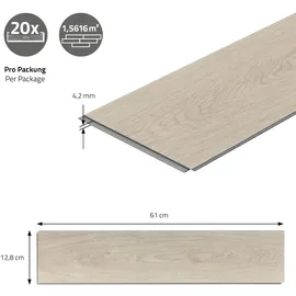 ML-Design PVC Bodenbelag Click Vinyl-dielen Vinylboden, 61cmx12,8cmx4,2mm, Dicke 4,2mm, 1,56m2/20 Dielen, Fischgrät Eiche Hell Braun, Holzoptik, wasserfest, Belastungsklasse 34