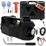 Elektrischer Wagenheber 5T, 12V Hydraulischer Wagenheber (Hubbereich: 15,5-45 cm) 4 in 1 Automatik Elektro Wagenheber mit Drehmomentschlüssel, Reifenfüllpumpe und LED-Taschenlampe
