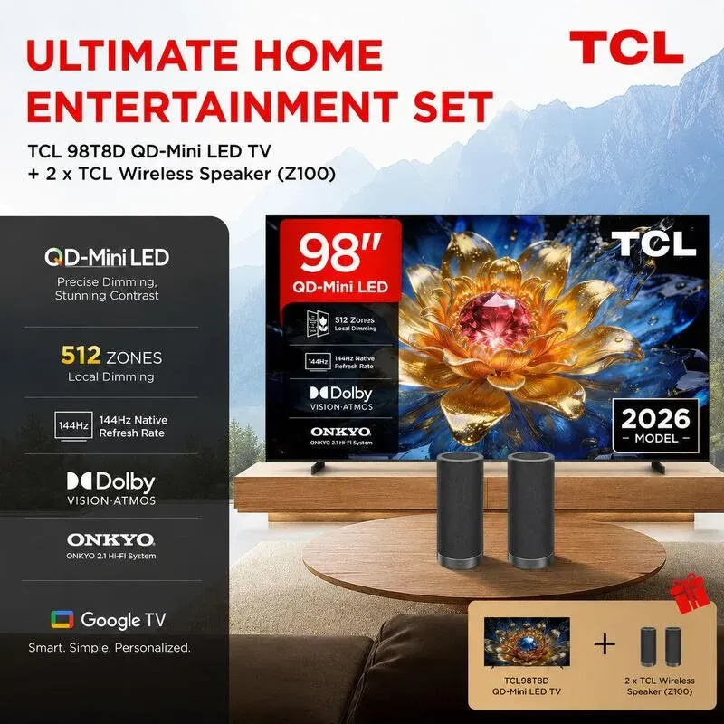 TCL 98T8D mit Z100 Lautsprecherset, 98” QD-Mini LED 4K HDR Ultra HD TV, Smart Google TV (Dolby Vision, HDR10+ & Atmos, 144 Hz VRR, FreeSync Premium Pro, Onkyo 2.1 Sound, Sprachsteuerung, kompatibel mit Google Assistant, Google Cast und AirPlay 2)